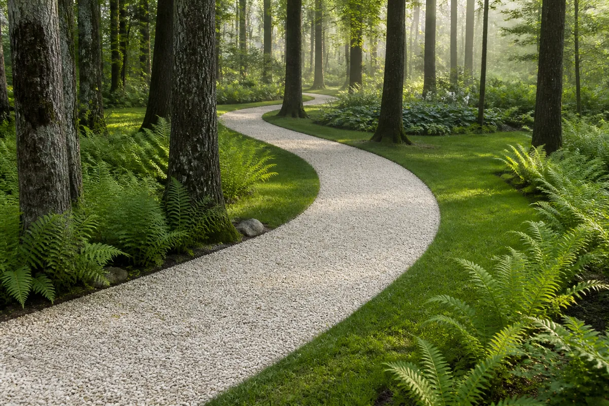 Allée sinueuse de gravier clair serpentant entre des troncs de feuillus