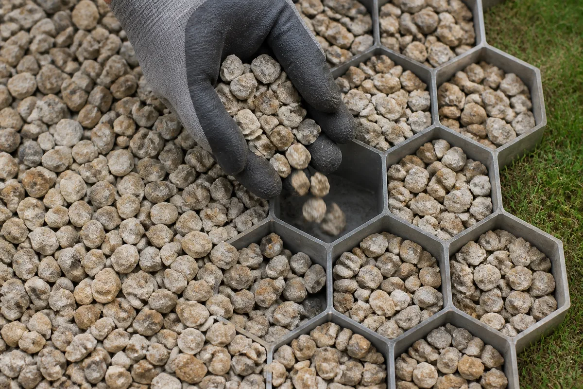 Gravier beige retenu dans les alvéoles d&rsquo;une dalle stabilisatrice