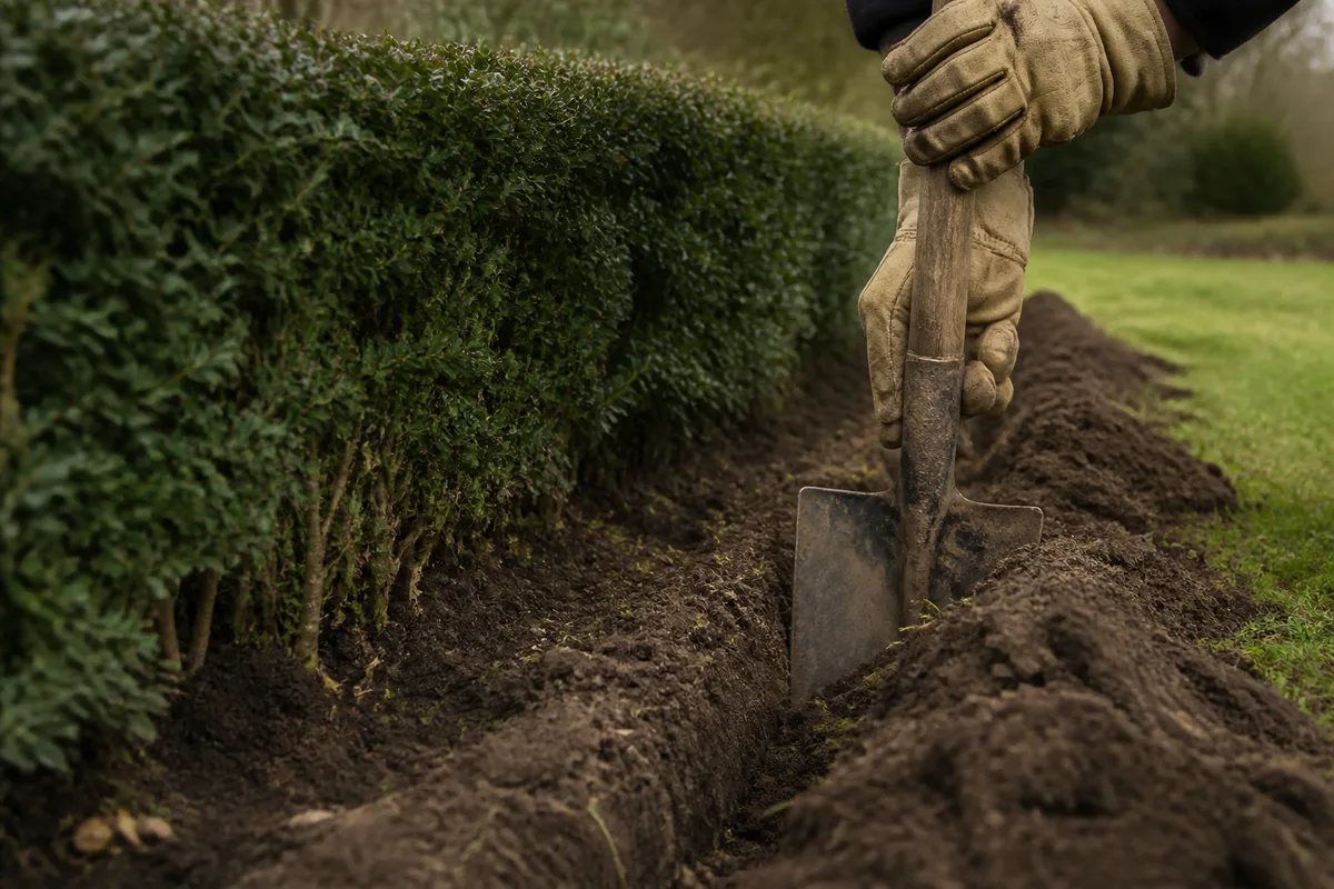 Tranchée peu profonde ouverte à la bêche le long d&rsquo;une haie basse