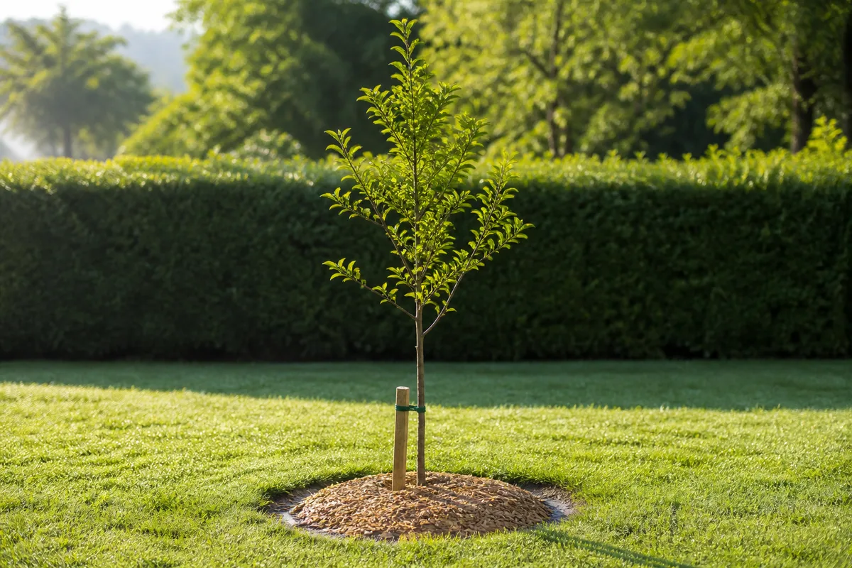 Jeune arbre feuillu tuteuré au milieu d&rsquo;une pelouse rase