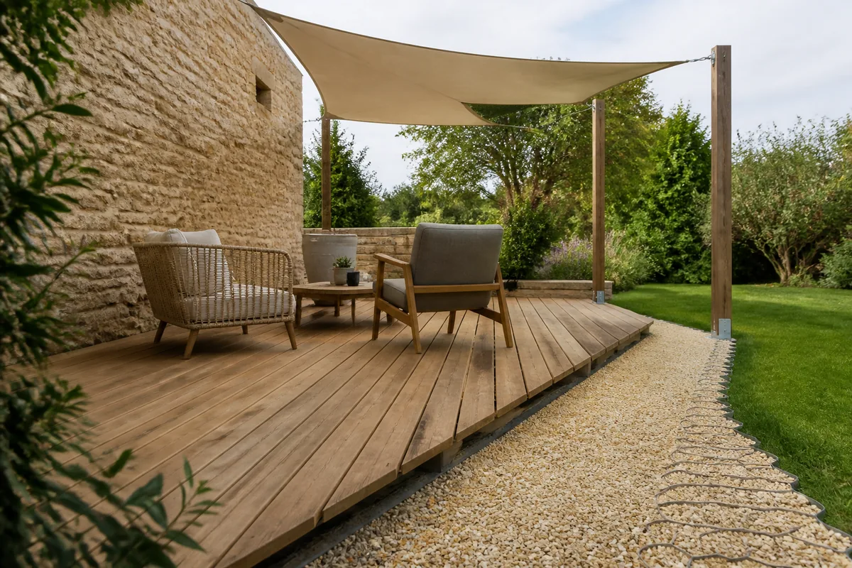 Terrasse en lames de bois avec fauteuils bas et voile d’ombrage tendu au-dessus