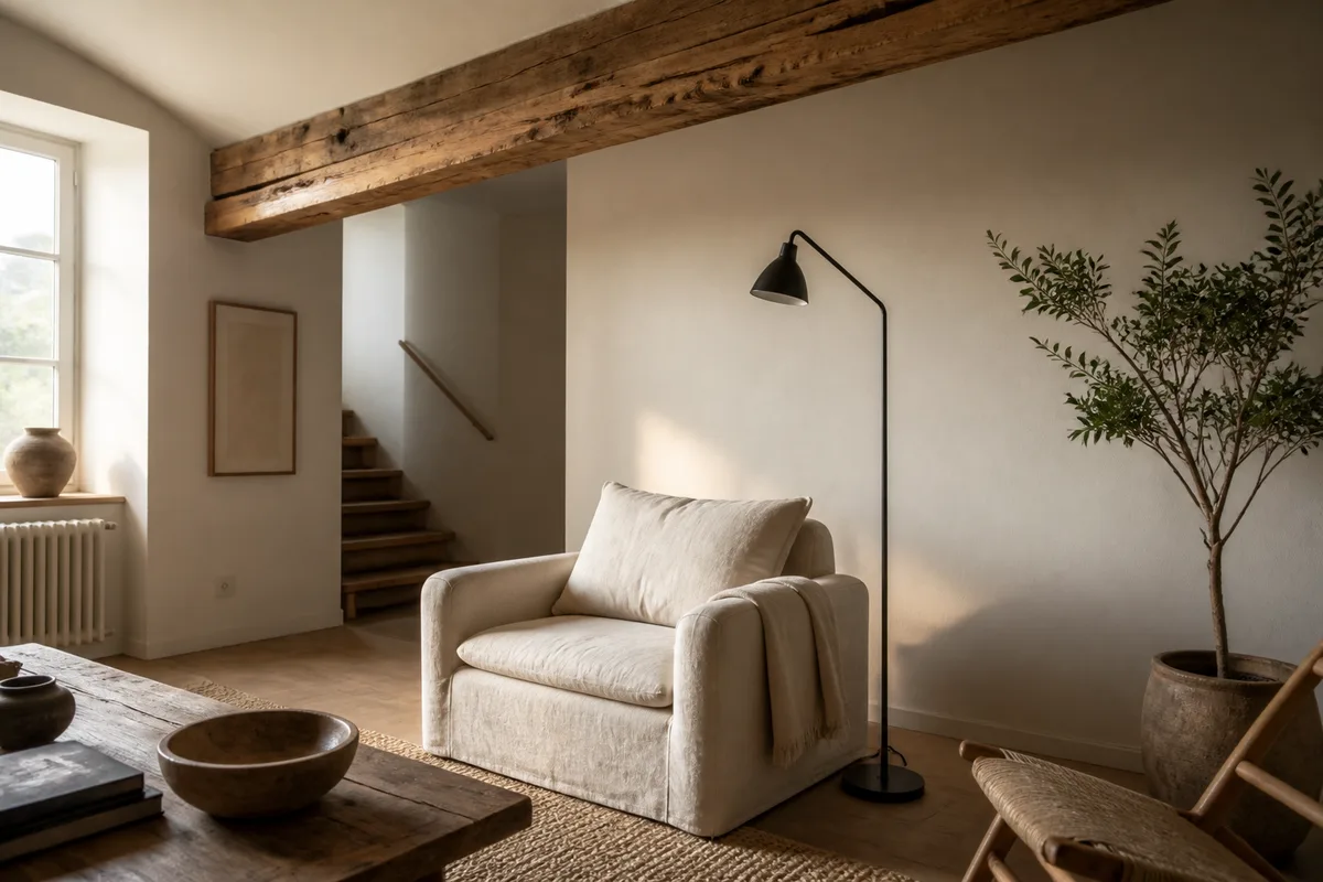 Coin salon avec poutre de chêne patiné, fauteuil en lin et luminaire noir mat