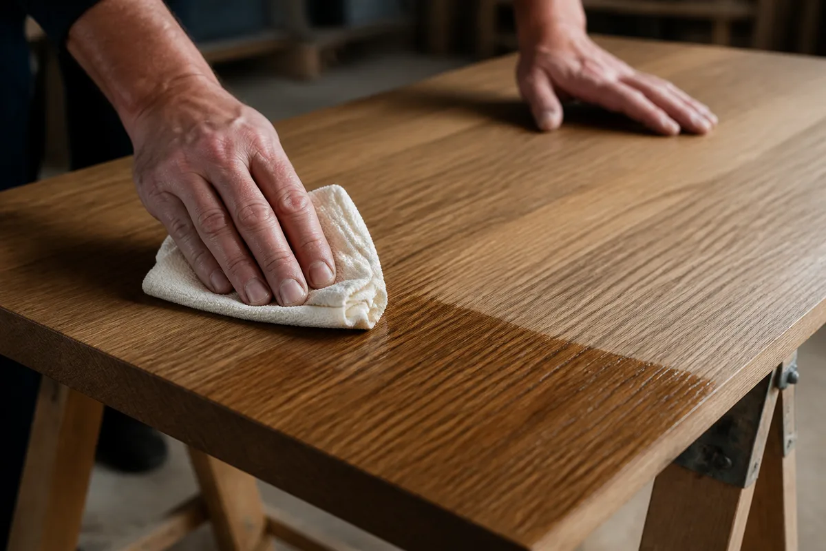 Mains appliquant une huile dure au chiffon sur un plateau de chêne massif