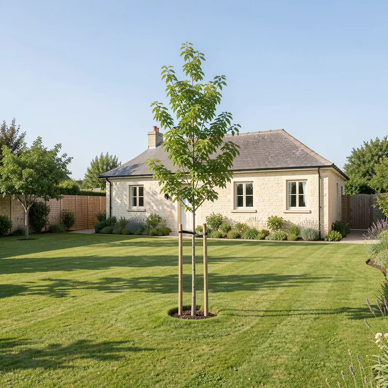Jeune arbre planté au milieu d&rsquo;une pelouse à bonne distance d&rsquo;une maison
