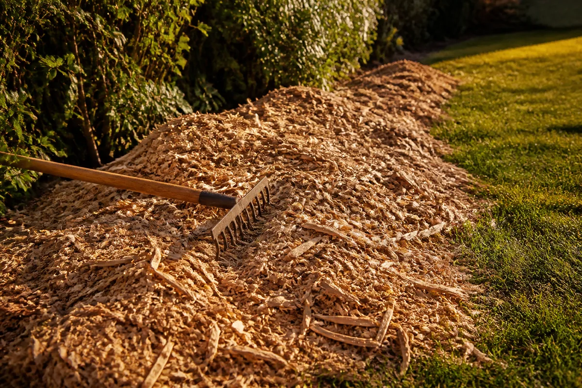 Tas de copeaux de bois clairs étalés au pied d&rsquo;une haie en fin de journée