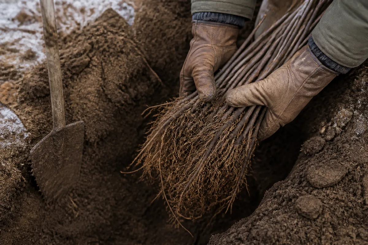 Mains gantées tenant de jeunes plants à racines nues au-dessus d&rsquo;une tranchée de plantation