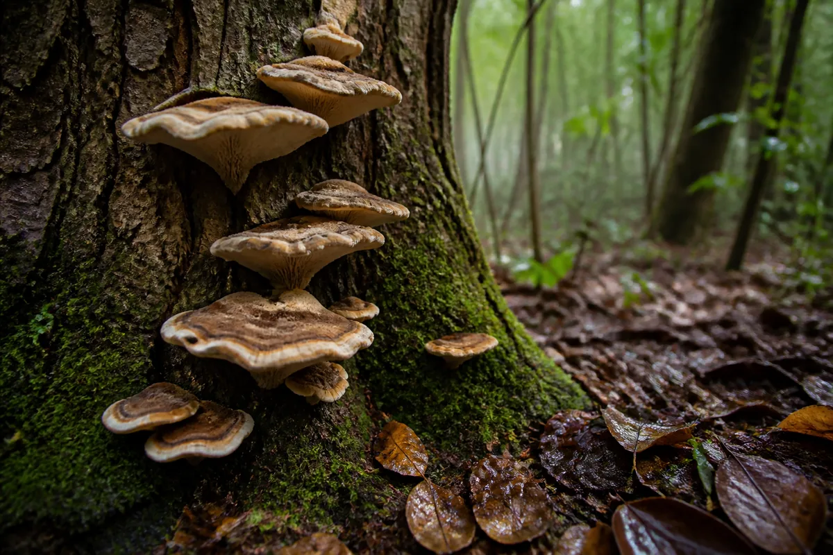 Base d&rsquo;un tronc d&rsquo;arbre feuillu avec fructifications fongiques en console sur l&rsquo;écorce, lumière rasante de sous-bois