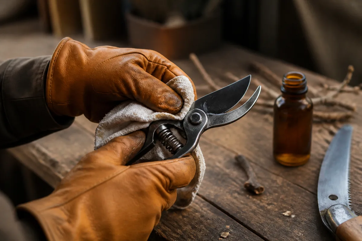 Mains gantées désinfectant la lame d&rsquo;un sécateur au-dessus d&rsquo;un plan de travail en bois, lumière douce d&rsquo;atelier