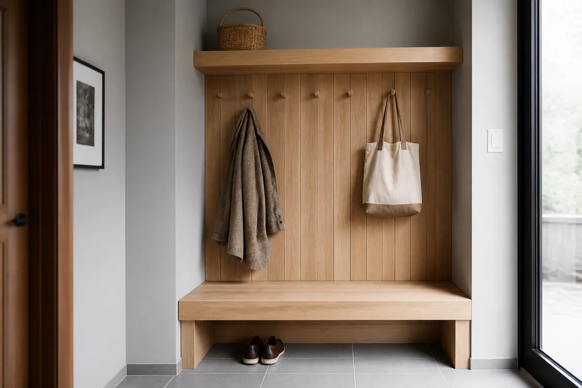 Vestiaire d&rsquo;entrée en bois massif avec banc, patères et étagère haute