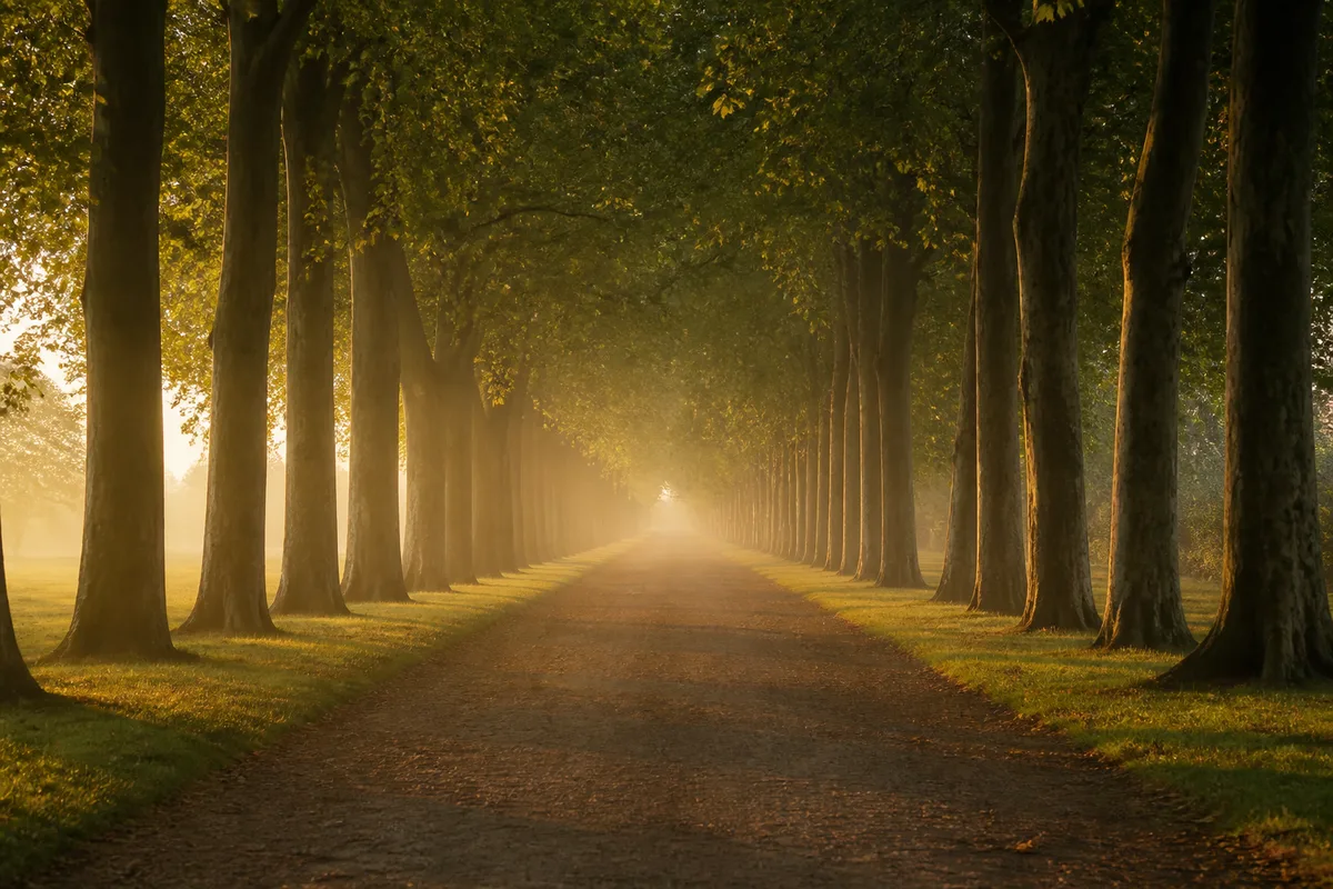 Allée d&rsquo;arbres déserte au petit matin bordée de pelouse