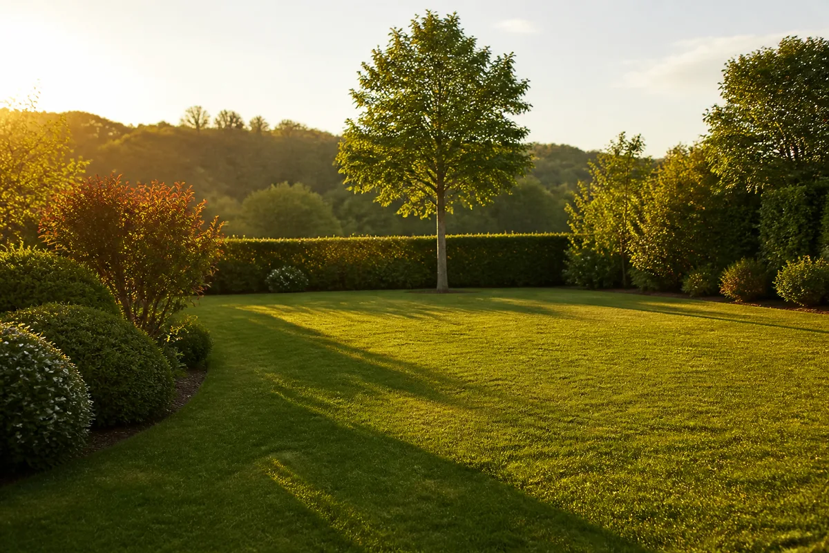 Jardin de banlieue vide sous une lumière douce de fin de journée