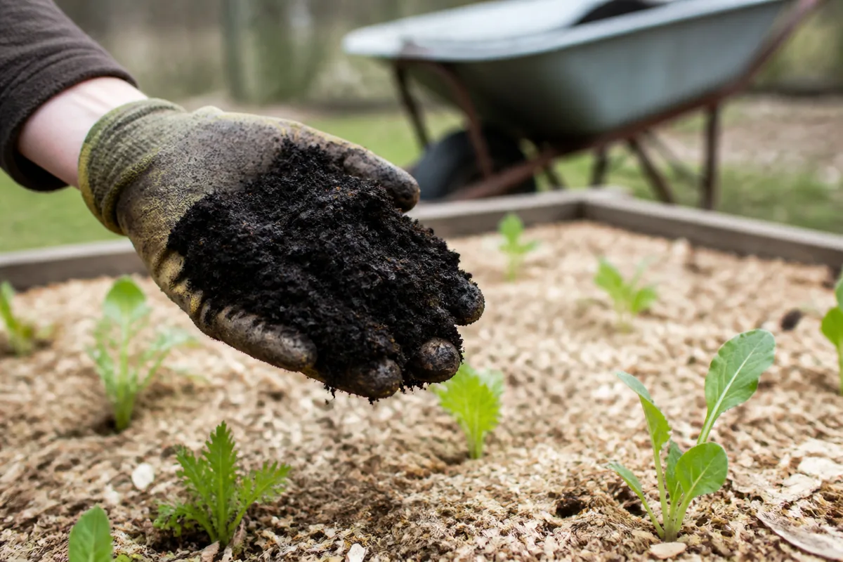 Poignée de compost sombre et grumeleux tenue au-dessus d&rsquo;un massif paillé